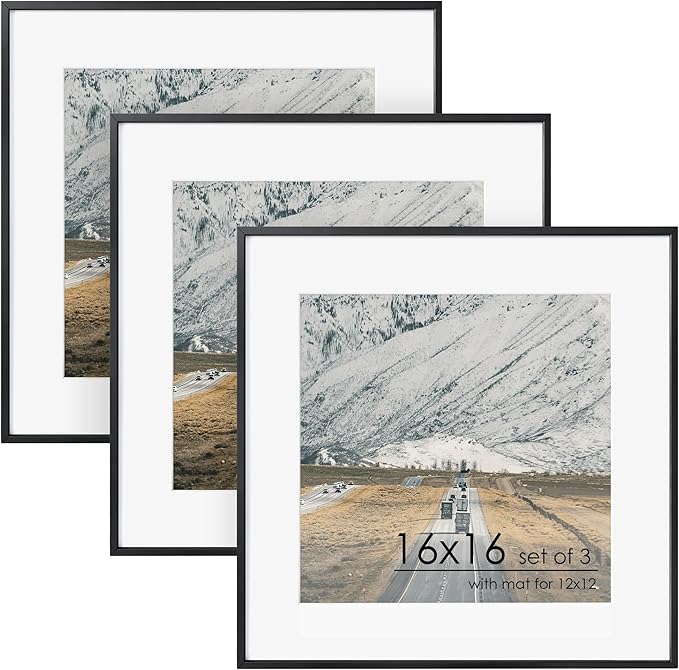 16x16 Metal Square Picture Frame For Wall With Mat For 12x12, 16''x16'' Aluminum Photo Frames With Tempered Glass, Minimalist Modern Poster Frame Horizontally Vertically Set of 3, Black