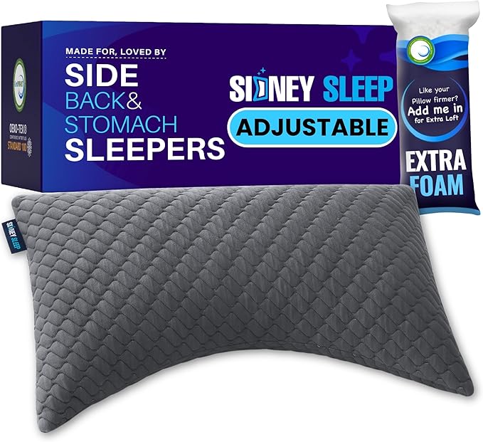 Sidney Sleep Bed Pillow for Side and Back Sleepers - Adjustable Filling - Memory Foam Pillow for Neck and Shoulder Pain - Customizable Loft - Queen Size - Additional Foam Bag Included (Grey)
