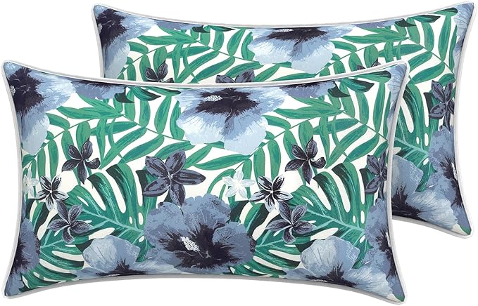 LVTXIII Outdoor Lumbar Pillow Covers 12"x20", Covers ONLY, 2 Pack 30x50cm Lumbar Cushion Cover with White Piping for Home Patio Garden Sofa Bench, Blue Salmone Tropical