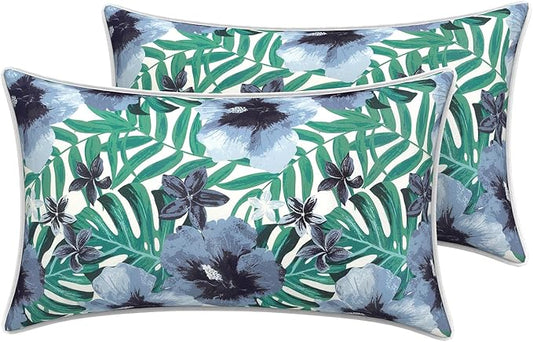 LVTXIII Outdoor Lumbar Pillow Covers 12"x20", Covers ONLY, 2 Pack 30x50cm Lumbar Cushion Cover with White Piping for Home Patio Garden Sofa Bench, Blue Salmone Tropical