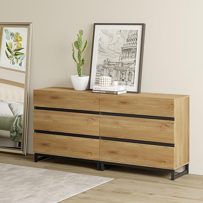 WAMPAT Dresser for Bedroom, Closet Organizers and Storage with 6 Drawers, Chest of Drawers with Metal Base, Modern Wood Dresser for Living Room, Bedroom,Oak