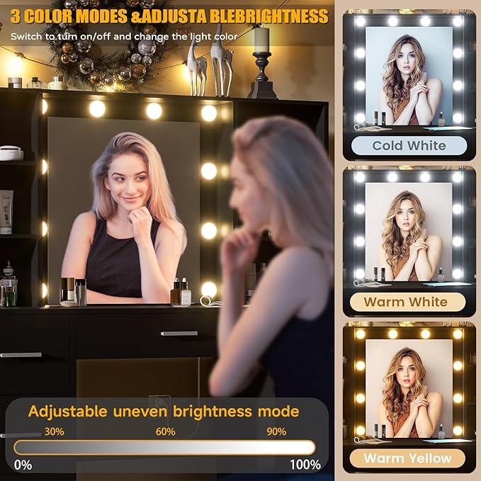 Large Vanity Desk with Mirror, 10 Lights and Power Outlet, Makeup Vanity with Shelves and 7 Drawers, Vanity Desk Dressing Table with 3 Color Light Adjustable, Vanity Table for Bedroom (Black)