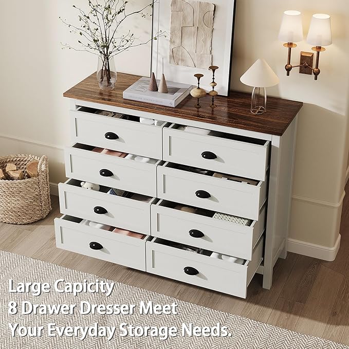 White Dresser for Bedroom, Farmhouse 8 Drawer Dresser, Wide Chest of Drawers with Metal Handles, Modern Wood Double Chest for Bedroom, Living Room, Hallway
