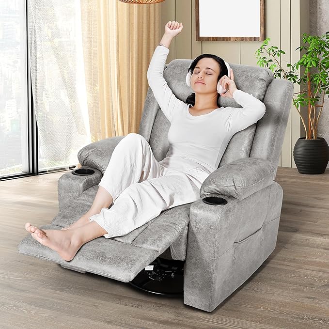 LEVELEVE Retro Rocking Recliner Chair, Massage Rocker Recliner Chair with Vibration Massage and Heat, USB and Type-C Ports,360° Swivel Chairs, Living Room, Bedroom, Nursery, RV, Light Grey