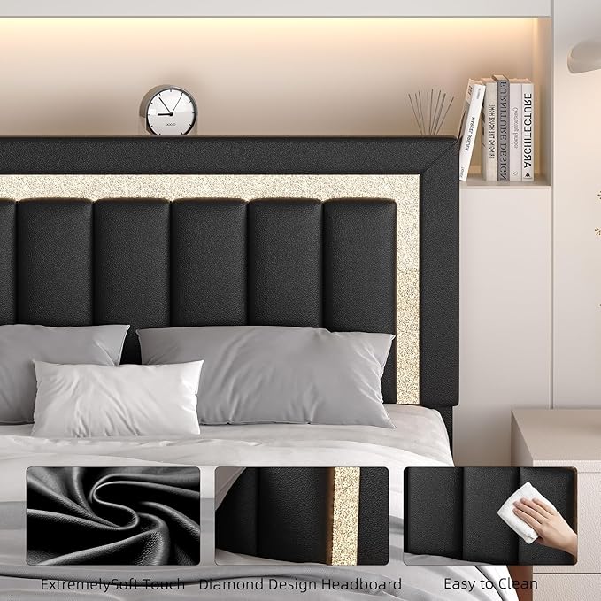 HOMBCK Floating Bed Frame Full with Smart LED Lights, Faux Leather Upholstered Bed Frame Full with Diamond Headboard, No Box Spring Needed, Noise Free, Easy Assembly, Black