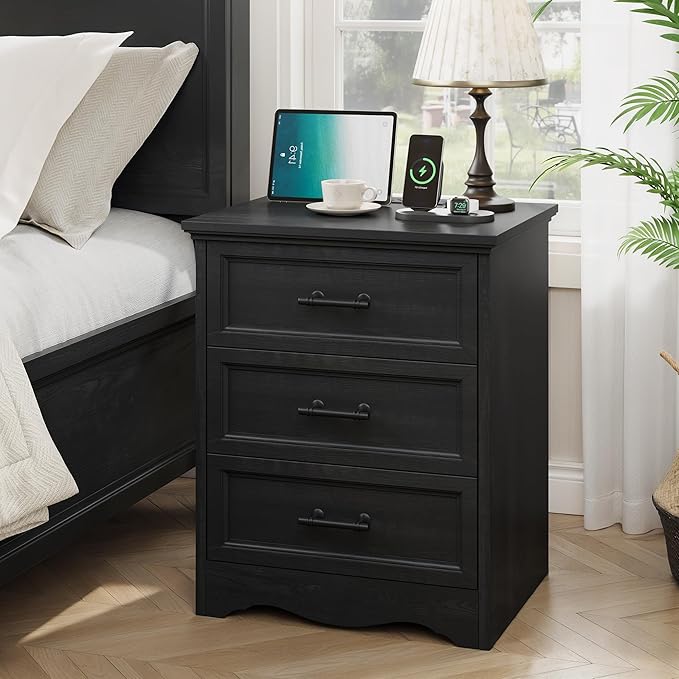 Farmhouse Nightstand with Charging Station, 19.7" End Table with 3 Drawers Storage, Black Wooden Night Stand, Bed Side Table with Unique Base Design, 3 Drawer Dresser for Bedroom, Living Room