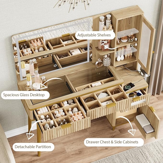 QUW Fluted Makeup Vanity Desk with Mirror and Lights, Modern Glass Top Vanity Table with Charging Station, Vanity Mirror 3 Lighting Modes Adjustable Brightness, Dressing Table for Bedroom, Natural Oak