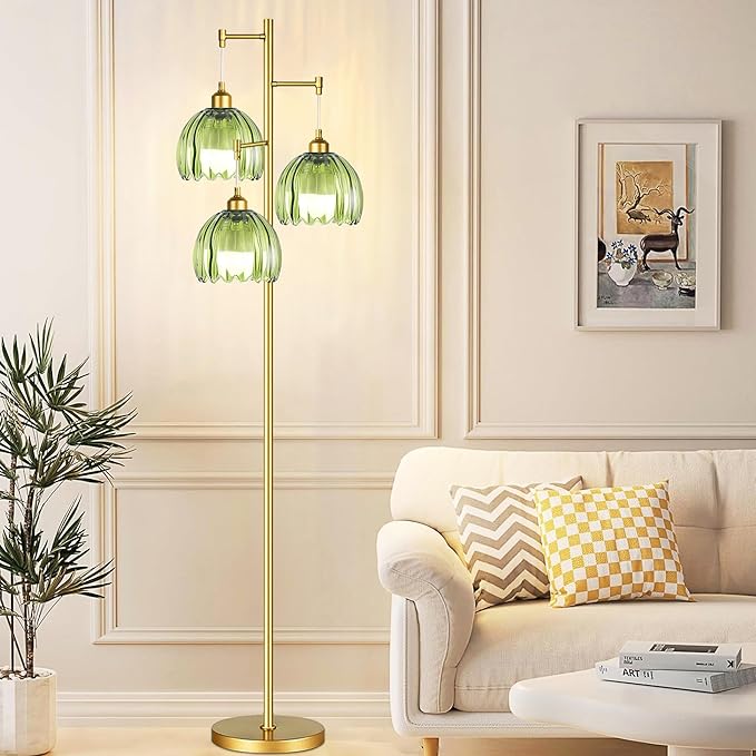 Gold Floor Lamps for Living Room Bedroom-3 Light Green Glass Floor Lamp with Three Led Bulb, Rustic Tall Floor Lamp Gold Standing Lamp Tree Floor Lamps for Living Room Bedroom,Office,Corner