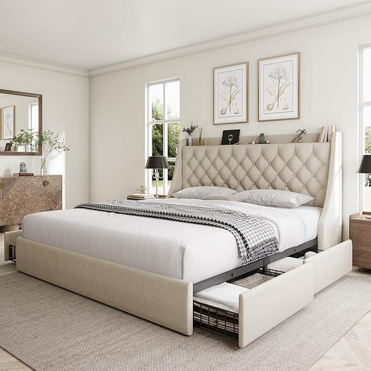 King Size Bed Frame with 4 Storage Drawers, Giant Upholstered Wingback Headboard, Fast Charging Station, No Box Spring Needed, Noise-Free, Beige