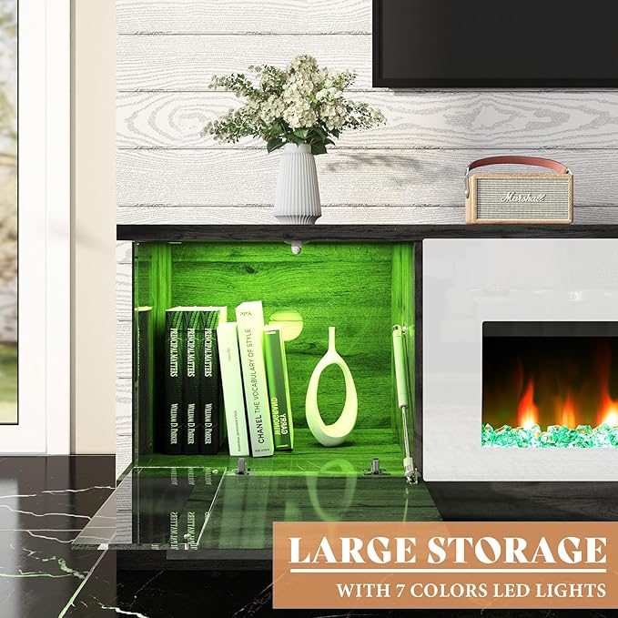 AMERLIFE 70" Glossy Oak Fireplace TV Stand with 36" Fireplace for TVs up to 80", LED Lights Entertainment Center with Flip Doors & Corner Glass, Modern TV Console Table, Living Room, Black&White