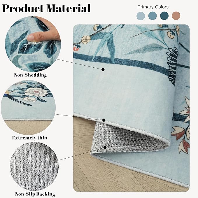 4x6 Rug Chinoiserie-Style Floral Vintage Washable Area Rugs Non Slip Low Pile Small Carpet for Bedroom, Bedside, Kids Room, Office, Dining Room, Blue