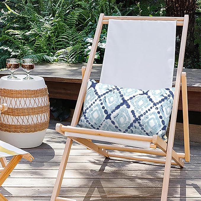 Outdoor Lumbar Pillows 12x20 inch, Rectangle Throw Pillows with Inserts, Decorative Lumbar Cushions for Patio Furniture Garden Couch Home Sofa Office Chair, Pack of 2, Boho Geometry Blue