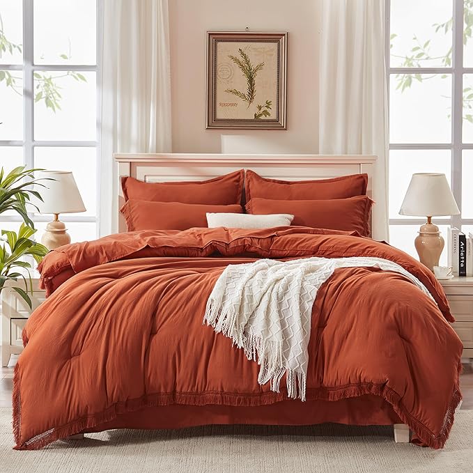 Andency Full Size Comforter Set Burnt Orange -7 Pieces Boho Tassel Bed in a Bag Soft Lightweight Bedding Sets, Terracotta Rust Fringe All Season Bed Set with Comforter, Sheets, Pillowcases & Shams