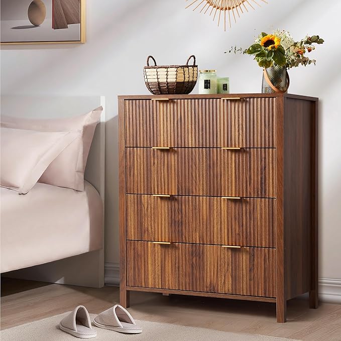 Fluted 4 Drawer Tall Dresser for Bedroom, Mid Century Modern Nightstand with Drawers, Tall Bedside Table for Closet Cloth, Living Room End Table with Storage for Dorm -Walnut