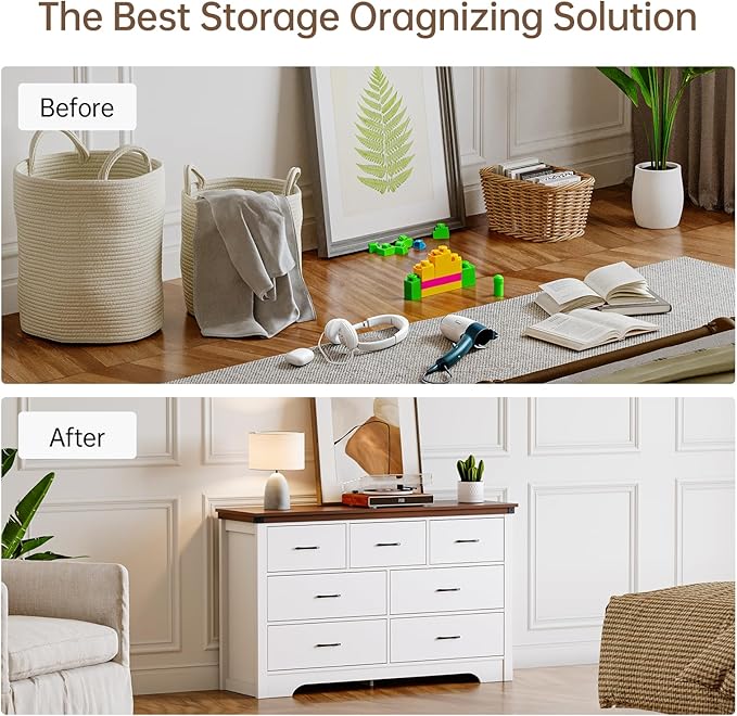 Farmhouse 7 Drawer Dresser For Bedroom, 51" Wide Chest Of Drawers, Wood White Dresser With Metal Handle And Anti-Tipping Device, Storage Dressers Organizer For Bedroom, Living Room, Hallway, White