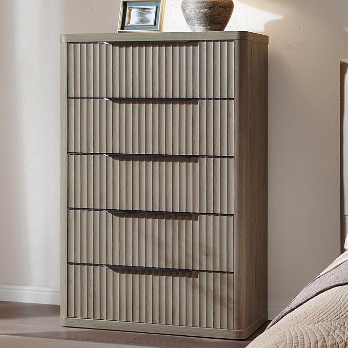 SICOTAS Dresser for Bedroom - Tall Dressers & Chests of Drawers with 5 Drawers Large Modern Dresser for Closet Fluted Wide TV Stand Clothes Closet Storage for Bedroom Hallway Entryway, Grey Alder