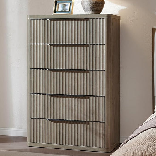 SICOTAS Dresser for Bedroom - Tall Dressers & Chests of Drawers with 5 Drawers Large Modern Dresser for Closet Fluted Wide TV Stand Clothes Closet Storage for Bedroom Hallway Entryway, Grey Alder