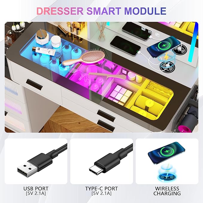 HNEBC Vanitys with HD Glass Display Table, Makeup Desk with Lighted Mirror and Charging Station, Dressing Table with RGB Lights,Jewelry Organizer,Cabinet,6Drawers,Chair for Women/Girls (White)