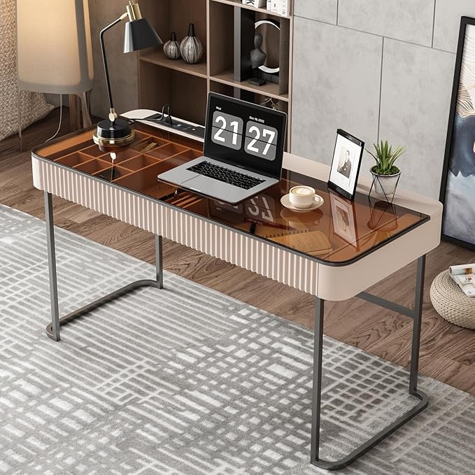 Lartis Office Desk with Drawers for Home Working Studying Computer Desk with Built-in Outlet Writing Desk Dressing Table Vanity Table no Mirror Intelligent Socket with USB Port