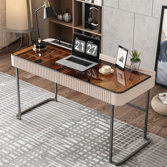 Lartis Office Desk with Drawers for Home Working Studying Computer Desk with Built-in Outlet Writing Desk Dressing Table Vanity Table no Mirror Intelligent Socket with USB Port