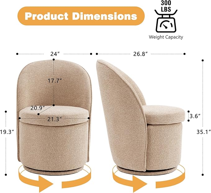 YOUNIKE Vanity Bench Boucle Fabric Oatmeal Solid Wood Swivel Accent Chair with Backrest Easy Assembly Dressing Stool for Bedroom & Makeup Room