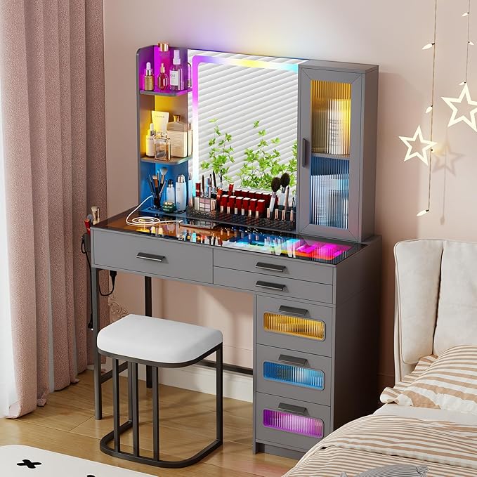 Makeup Vanity Desk with Mirror and RGB Lights,Glass Top Vanity Table with Wireless Charging & Stool,Vanity Set with 6 Drawers & Storage Cabinet & Makeup Organizer，Bedroom（Grey）