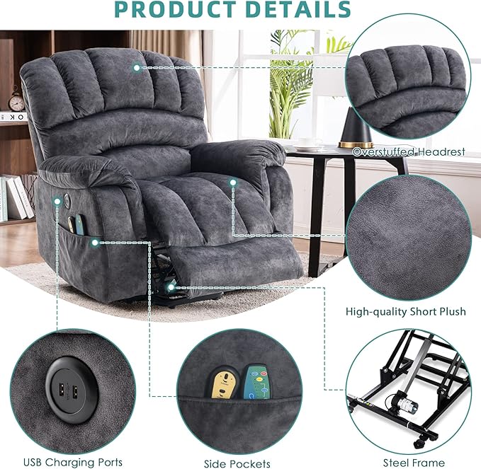MEETWARM Large Power Lift Electric Recliner Chair with Massage and Heat, Overstuffed Wide Recliner for Elderly Big People, Plush Fabric Recliners with USB Ports, 2 Remote Controls, Side Pockets（Gray）
