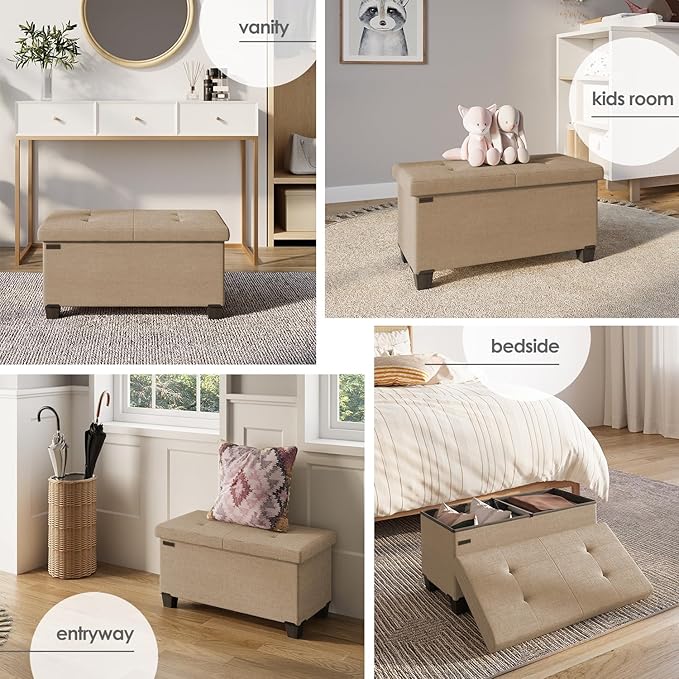STORAGEBUD Storage Ottoman Bench with Bins, 30-in Storage Bench for Bedroom End of Bed, Folding Foot Rest Ottoman for Living Room Max 660lbs, Fabric Ottomans, Taupe