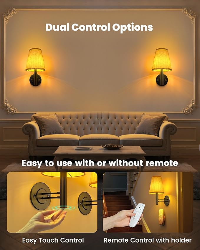 Rechargeable Battery Operated Wall Sconce Set of 2, Wireless LED Wall Lights with Remote & Touch Control, Wall Mounted Lamp Lighting Fixtures Decor for Bedroom Living Room, Matte Black