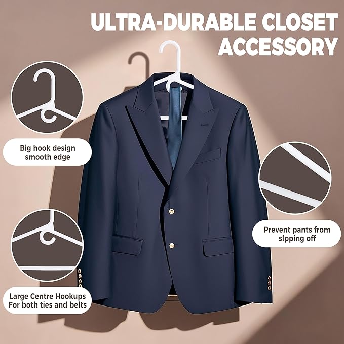 Quality White Plastic Hangers 10 Pack - Super Heavy Duty Multipack for Clothes - Thick Strong Standard Closet Clothing Hangers with Hook for Scarves and Belts-17 for Coats (White, 10)