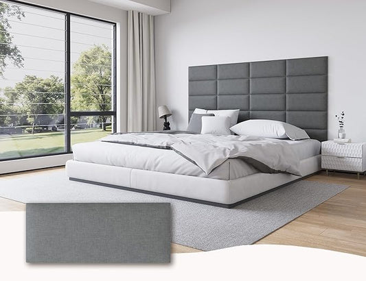 Fabric Dark Grey Upholstered Queen Headboard, 12PCS Peel and Stick Wall Mounted Bed Panels, Tufted and Soundproof, Cabeceras de Cama Queen, 10"x24" Each, Fabric - Dark Grey