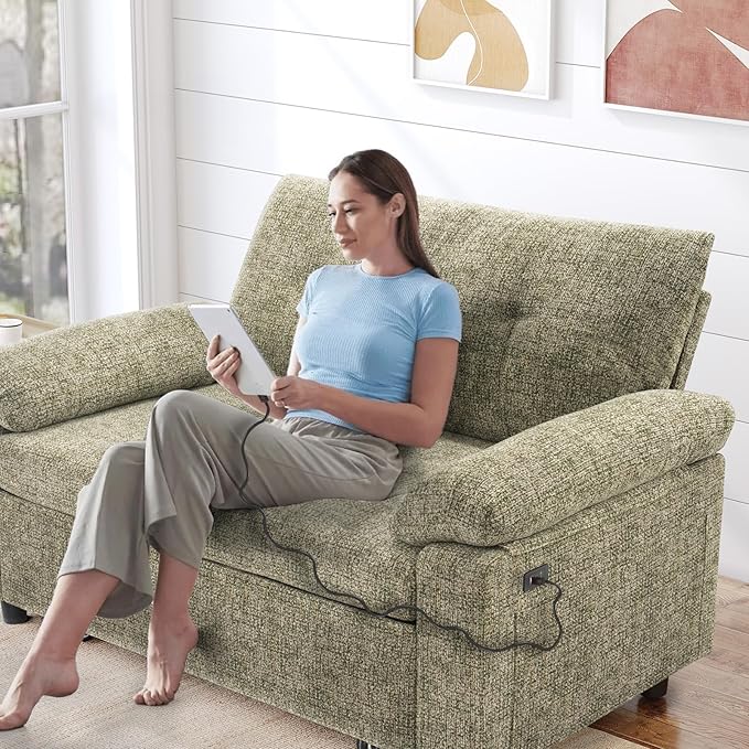 Vipbear 3-in-1 Convertible Sofa Bed, Pull Out Sleeper Sofa with USB Charging Station & Adjustable Backrest, Loveseat with Side Pocket for Living Room, Apartment, Tool-Free Assembly, Chenile Light Grey