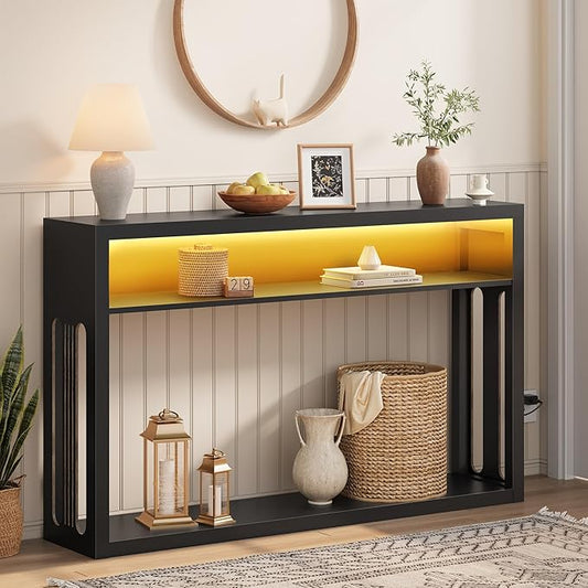 FAVOOSTY 47.2" Farmhouse Console Table with Storage, Entryway Console Table with Led Light, 2-Tier Entryway Table Sofa Table Behind Couch Table Hallway Stand for Living Room,Foyer,Entrance Black