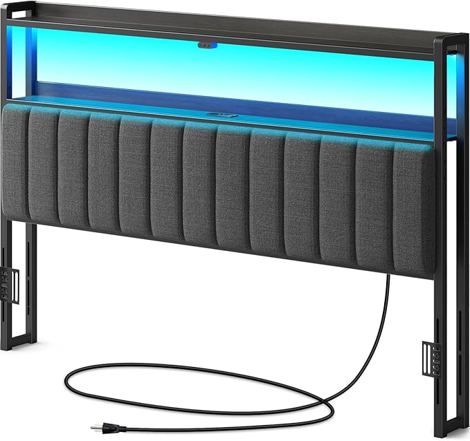 Rolanstar Headboard for King Size Bed with Storage, 60,000 DIY Color of LED Light, Head Board with USB & Type C Port, Height Adjustable, Black Upholstered Cabeceras de Cama Comfortable Modern, Linen