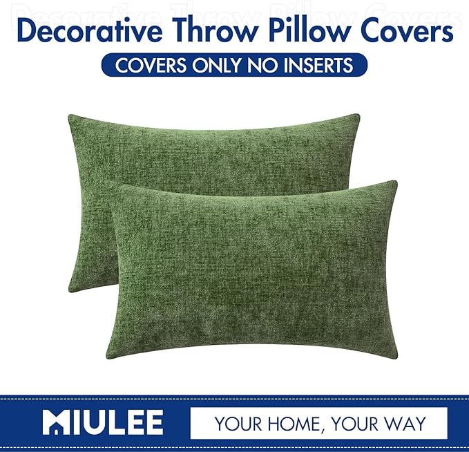 MIULEE Pack of 2 Couch Throw Pillow Covers 12x20Inch Soft Moss Green Spring Chenille Pillow Covers for Sofa Living Room Solid Dyed Pillow Cases