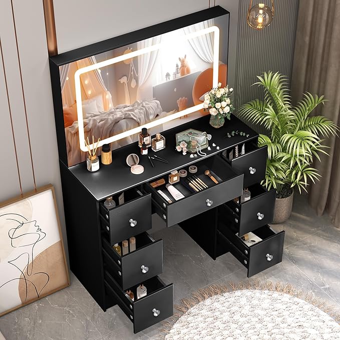 JBLCC Black Vanity Desk with Mirror and Lights, 39.4''W Makeup Vanity with 3-Color Lighted Mirror, 7 Drawers & Open Shelves, Big Vanity Table for Bedroom, Girls & Women