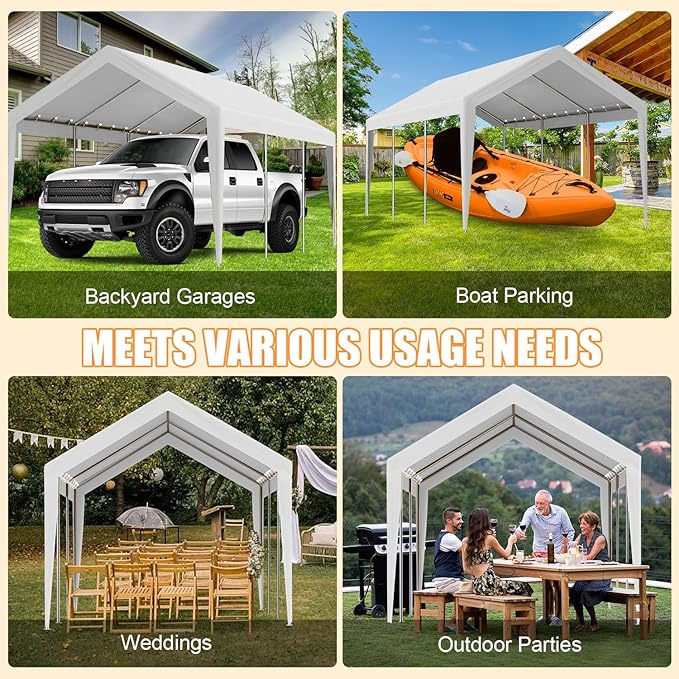 10'x20' Canopy Replacement Cover, Beefull Carport Replacement Canopy for Car Garage, Waterproof & UV Protected Tarp with Ball Bungees, White (Frame is not Included)
