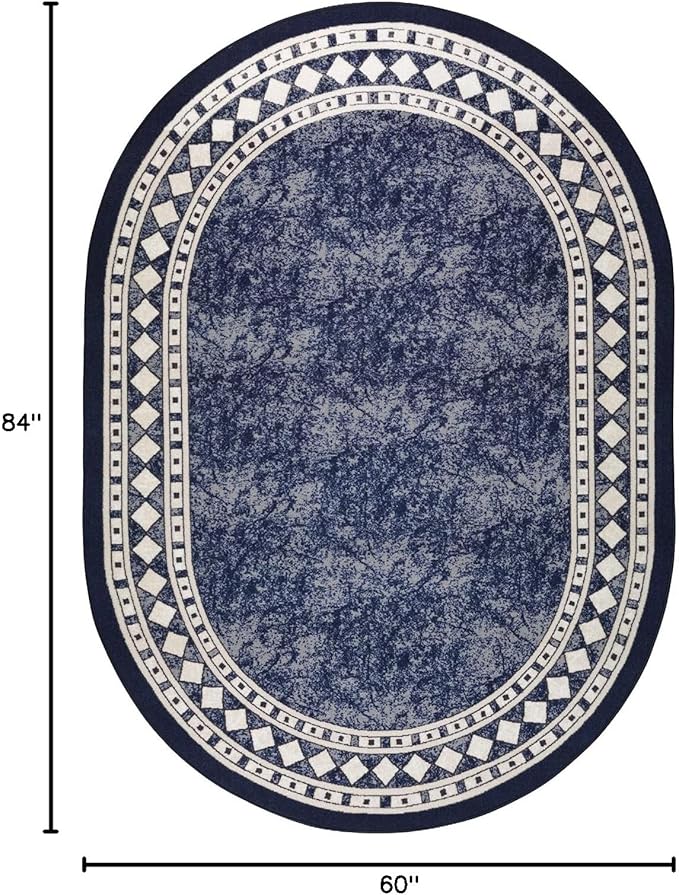 Antep Rugs Alfombras Modern Bordered 5x7 Non-Skid (Non-Slip) Low Profile Pile Rubber Backing Indoor Area Rugs (Navy Blue, 5' x 7' Oval)