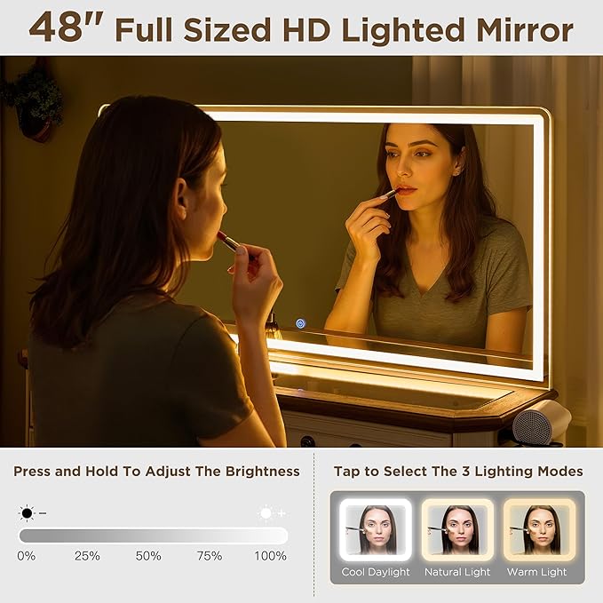 Vanity Desk with Mirror and Lights, 48'' LED Lights Makeup Vanity with 8 Drawers, Farmhouse Vanity Table with 3 Color Modes, Dressing Table with Glass Top and Power (Antique White)