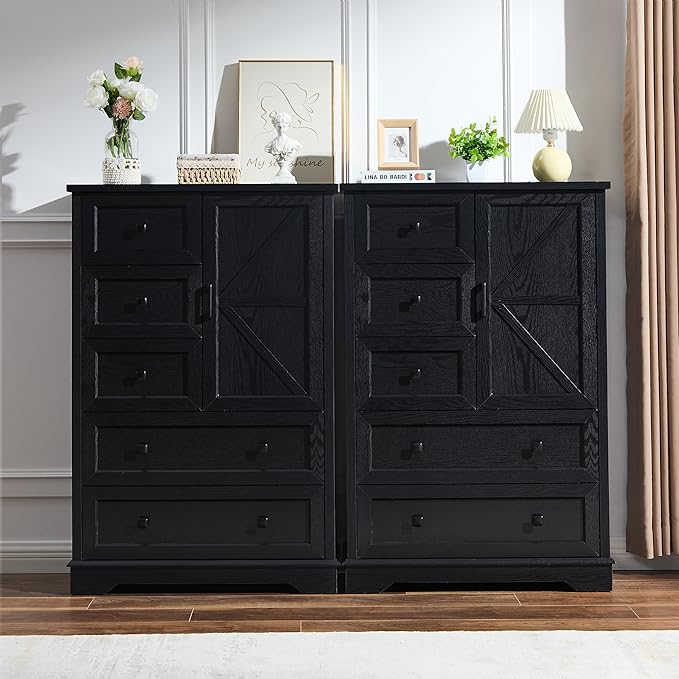 SOOWERY Dresser for Bedroom, Farmhouse Dresser with 5 Wooden Drawers and Storage Cabinet, 48 Inches Tall Chest of Drawers for Bedroom, Living Room, Hallway, Black