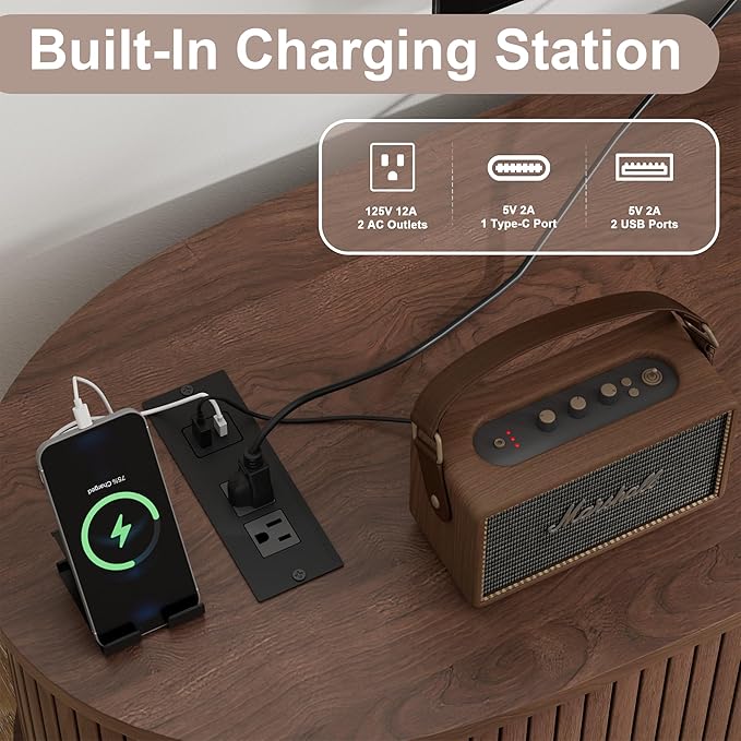 Alohappy 69" Mid Century Modern TV Stand with Charging Station, Farmhouse Curved Edge TV and Media Console Table with Drawer and Shelf, Fluted Entertainment Center for Living Room, Bedroom, Walnut