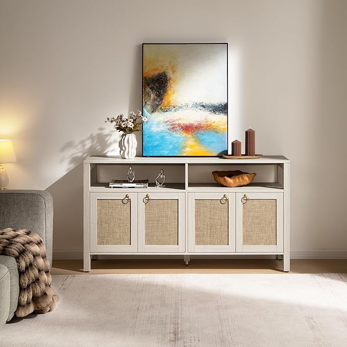 SICOTAS Rattan TV Stand for Television up to 65 Inch - 29.5" Tall Entertainment Center with Storage and Open Shelves,Boho Credenza TV Console Cabinet with 4-Doors and Adjustable Shelf for Living Room