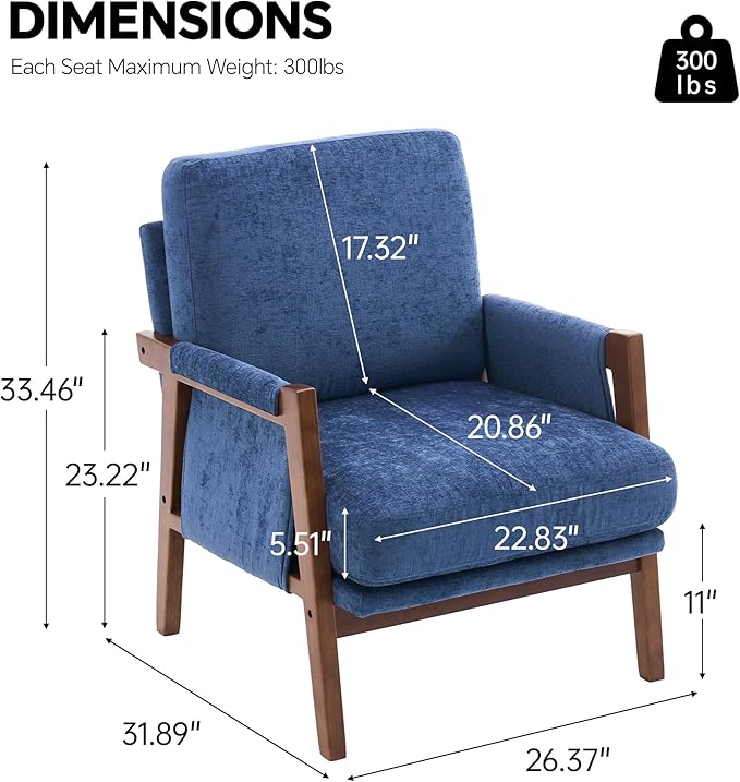 Mid Century Modern Accent Chair with Wood Frame, Upholstered Living Room Chairs with Wide Armrest, Chenille Fabric Lounge Reading Arm Chair for Bedroom, Reading Room, Balcony, Navy