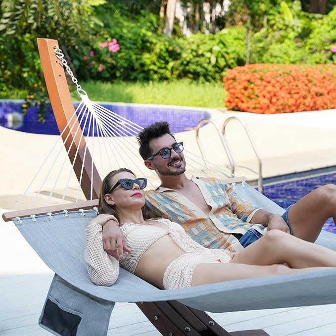 Lazy Daze Hammocks 11 FT Double Outside Hammock Quick Dry Olefin Fabric Hammock with Spreader Bar & Side Pocket for Outdoor Poolside Backyard 450 lbs Capacity, Gray