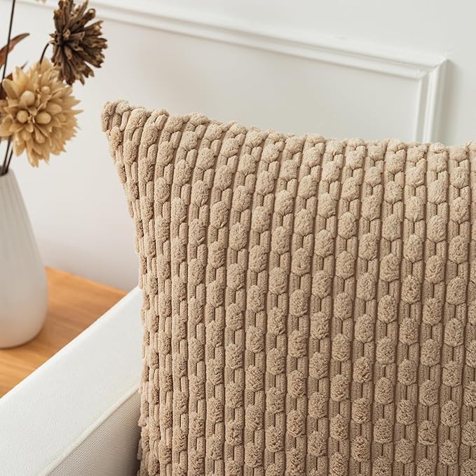 Kevin Textile 2 Packs Tan Decorative Throw Pillow Covers 22x22 Inch for Living Room Couch Bed Sofa Soft Striped Corduroy Square Cushion Case 55x55 cm Rustic Farmhouse Boho Home Decor