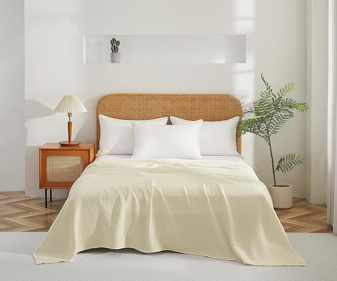 100% Cotton Muslin Queen Blanket (90" x 90") – A Luxuriously Soft, 4-Layer Lightweight and Breathable Gauze Blanket, Perfect for Year-Round use on beds, couches (Ivory, Queen)