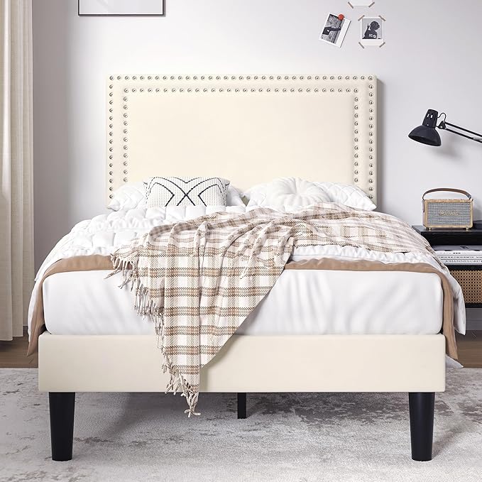VECELO Twin Size Platform Bed Frame with Adjustable Upholstered Headboard, Strong Wood Slats Support, No Box Spring Needed, Easy Assembly