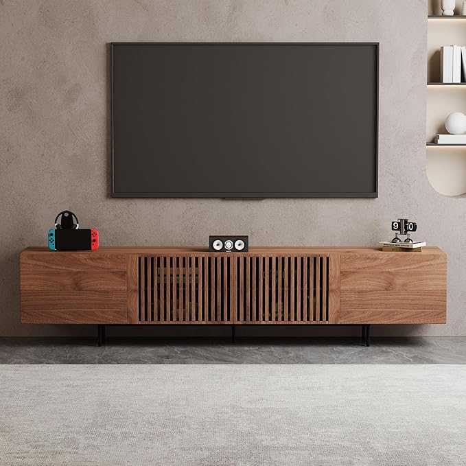 94.48″ Mid Century Modern Walnut TV Stand with Grille Doors, Storage Cabinets,Entertainment Center for TVs Up to 80",Media Console for Living Room or Bedroom