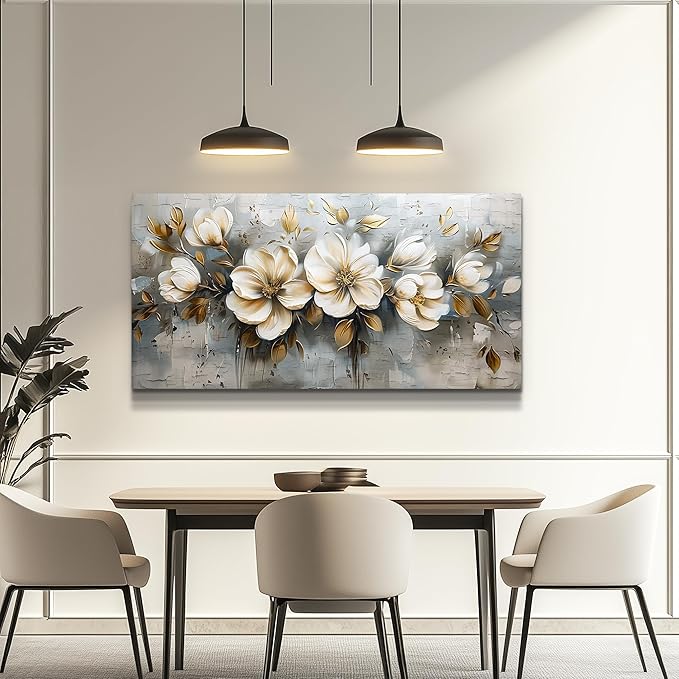 PHAOHUAXM Large Canvas Wall Decor Living Room For Wall Art For Bedroom Office Decorations Abstract White Flowers Wall Paintings Pictures Artwork Modern Framed Posters Home Decor Aesthetic 30"x60"