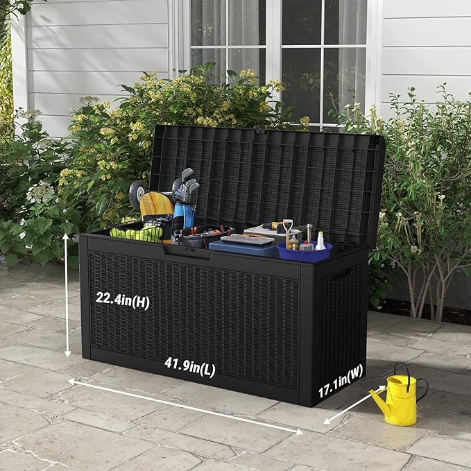 Mars Villa 60 Gallon Outdoor Storage Bench, Deck Box Waterproof Outside Resin Storage Bin for Outdoor Patio Furniture Cushions, Pool Supplies, Garden Tools, UV-Resistant and Weatherproof, Rattan Black